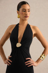 Maribelia | Black Extreme Plunge-Neck Maxi Dress With Gold Detail