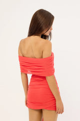 Luck & Trouble Elyse Recycled Off Shoulder Mini Dress Coral