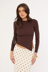 Perfect Stranger Long Sleeve Asymmetrical Rib Knit Top Brown
