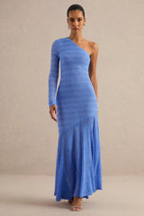 Orabella | Blue Asymmetric-Neck Maxi Dress With Sheer Skirt