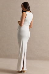 Camelina | White Round-Neck Maternity Maxi Dress With Lace Cape Detail