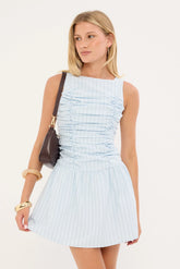 Perfect Stranger Nikki Gathered High Neck Mini Dress Blue Stripe