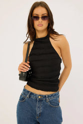 Perfect Stranger Frilly Astra Stretch Halter Top Black