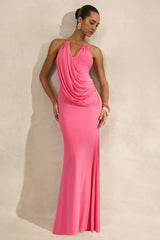 Dinara | Coral Halter-Neck Maxi Dress With Draped Detailing And Gold Detail