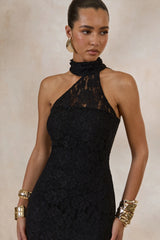 Almaria | Black Lace Asymmetric-Neck Maxi Dress With Collar-Detail