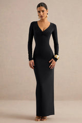 Lucina | Black V-Neck Maxi Dress With Ruched Detailing