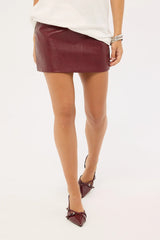Perfect Stranger Kandice Mid Rise Faux Leather Mini Skirt Burgundy
