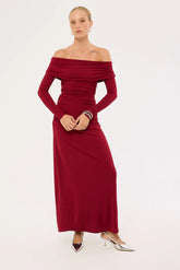 Perfect Stranger Rosetta Off shoulder Long Sleeve Maxi Dress Burgundy
