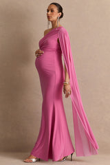 Aylena | Pink Asymmetric-Neck Maternity Maxi Dress With Sash Detail