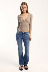 L&t Claudia 3/4 Sleeve V Neck Top Taupe