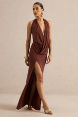 Velia | Brown Sheer Extreme Plunge-Neck Maxi Dress With Front High Split
