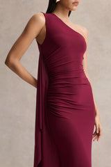 Adelina | Burgundy One-Shoulder Maxi Dress With Drape