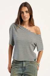 Rusty Sally Slouch Stripe Off Shoulder Top Grey/Egret Stripe