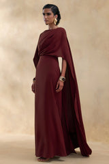 Pristina | Burgundy Boat-Neck Woven Maxi Dress With Cape Detail