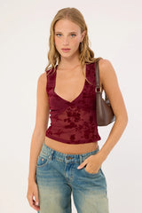 Motel Lihat Top Botanical Flock Flower Maroon