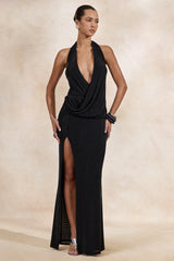 Velia | Black Extreme Plunge-Neck Maxi Dress With Front High Split
