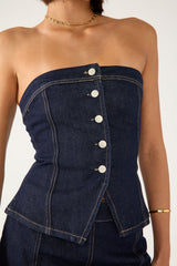 Perfect Stranger Mila Denim Button Up Top Dark Blue Denim