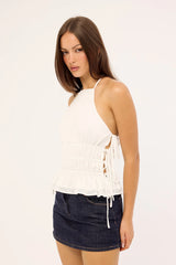 Luck & Trouble Serra Ruched Tie Top Off White