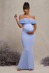 Inflorescence | Powder Blue Mesh Floral Bardot Maternity Maxi Dress