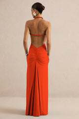 Elirae | Orange Asymmetric-Neck Maxi Dress With Twist Strap And Front High Split