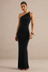 Indalie | Black Twisted Asymmetric-Neck Maxi Dress