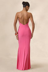 Dinara | Coral Halter-Neck Maxi Dress With Draped Detailing And Gold Detail