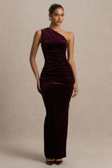 Treat | Burgundy Velvet Asymmetric-Neck Maxi Dress With Ruched Detailing.