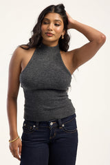 Luck & Trouble Remy Halter Cinched Waist Knit Top Charcoal Marle