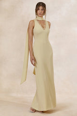 True Icon | Lemon Satin High-Neck Maxi Slip Dress With Sash