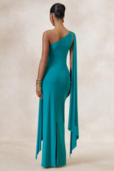 Sariah | Teal Asymmetric-Neck Maxi Dress With Gathered Detailing And Gold Details