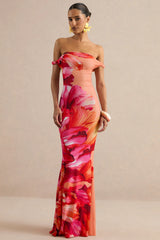 Katia | Hot Pink Placement Floral Print Asymmetric-Neck Maxi Dress