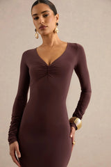 Lucina | Dark Brown V-Neck Maxi Dress With Ruched Detailing
