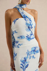 Iraida | Blue Floral Print High-Neck Maxi Dress With Scarf Detail