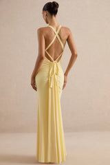 Goldiea | Lemon Halter-Neck Fishtail Maxi Dress