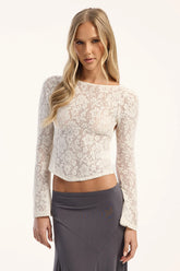 Motel Halfi Long Sleeve Top Hibiscus Crochet Lace Ivory