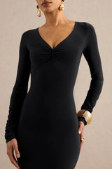 Lucina | Black V-Neck Maxi Dress With Ruched Detailing