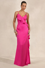 Marcelina | Hot Pink Satin V-Neck Maxi Dress With Ruffled Detailing