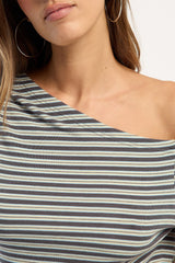 Rusty Sally Slouch Stripe Off Shoulder Top Grey/Egret Stripe