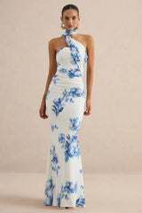 Iraida | Blue Floral Print High-Neck Maxi Dress With Scarf Detail