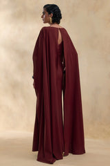 Pristina | Burgundy Boat-Neck Woven Maxi Dress With Cape Detail