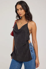 Perfect Stranger Giulia Long Line Tie Back Cupro Top Black