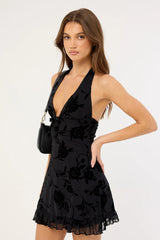 Motel Motya Halterneck Mini Dress Floral Rose Flocked Black