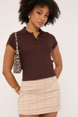 Luck & Trouble Knitted Polo Button Up Top Brown