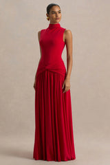 Cascade | Red High-Neck Maxi Dress With Twist Detail