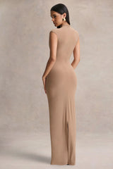 Solene | Brown High-Neck Maxi Dress With Wrap And Drape Detail