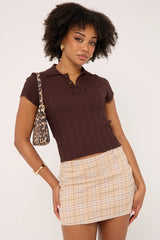 Luck & Trouble Knitted Polo Button Up Top Brown