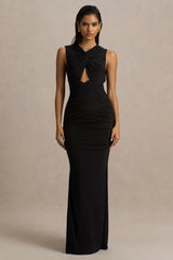 Kendall | Black V-Neck Wrapped Maxi Dress With Chest Cut-Out