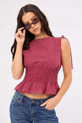 Luck & Trouble Andie Ruched Tie Top Burgundy Check