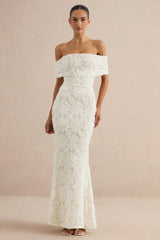 Xara | White Lace Bardot-Neck Maxi Dress