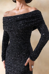 Obsession | Black Sequin Bardot-Neck Maxi Dress With Long Sleeves